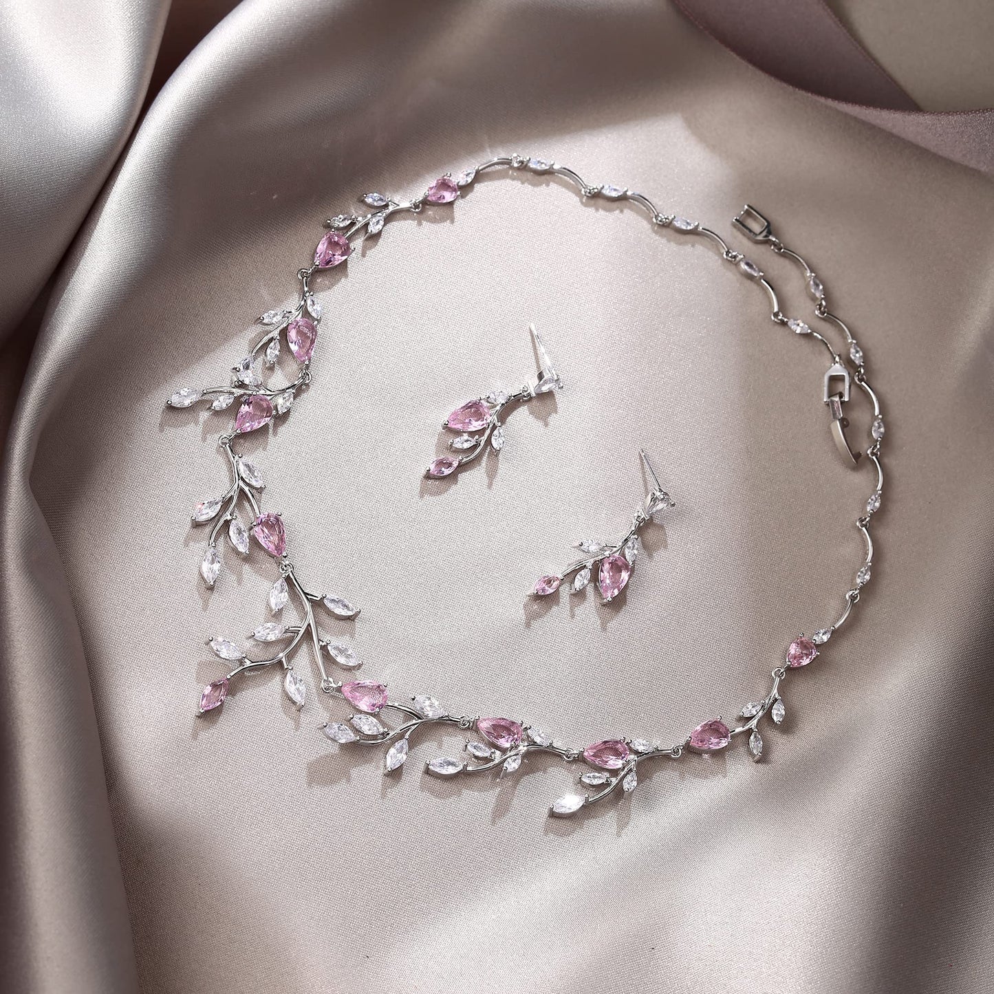 EVER FAITH Women's Wedding Jewelry Sparkly Pink Cubic Zirconia Pear-Shaped Teardrop Bridal Birthstone Necklace Earrings Set for Prom Party