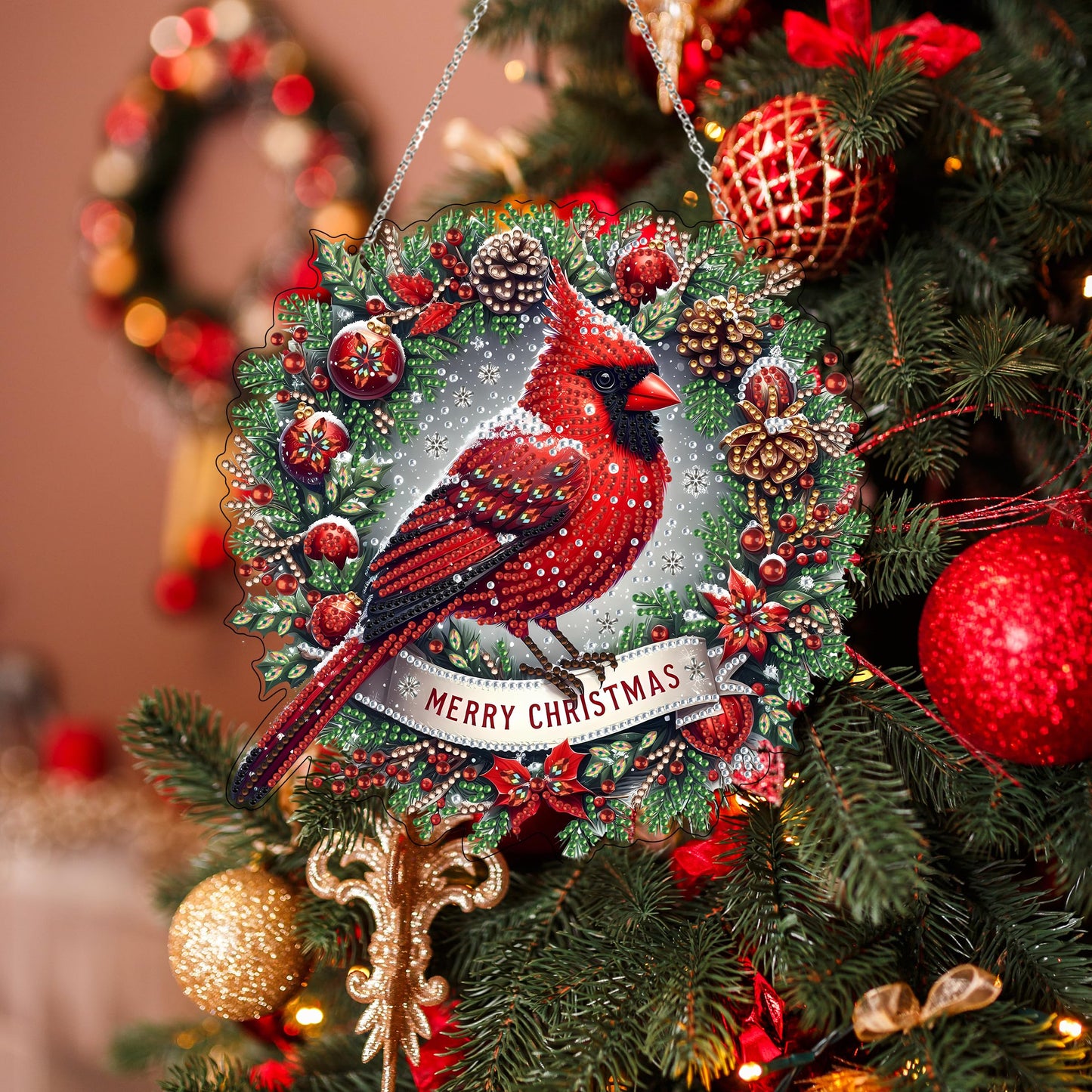 JJFox Diamond Art Hanging Kit for Adult,Special Shaped Rhinestone,DIY Acrylic 5D Diamond Art Painting Window Pendants Home Garden Wall Hanging Kits Hanging Ornament,Double Sided. (Christmas Cardinal)