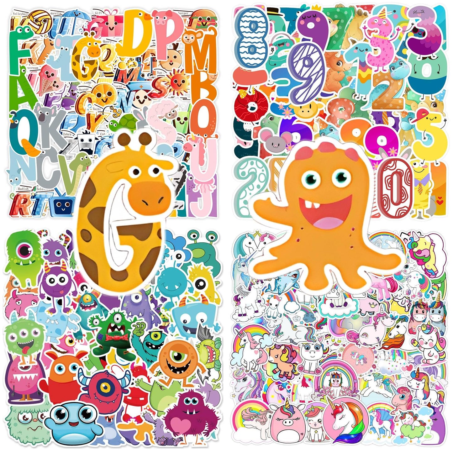 200pcs Reusable Waterproof Vinyl Stickers for Kids-Cartoon Animals Designs Unicorn Little Monster Numbers Letters, Laptop Skateboard No Residue Decals for Water Bottle (Boys&Girls) Bobiagooo