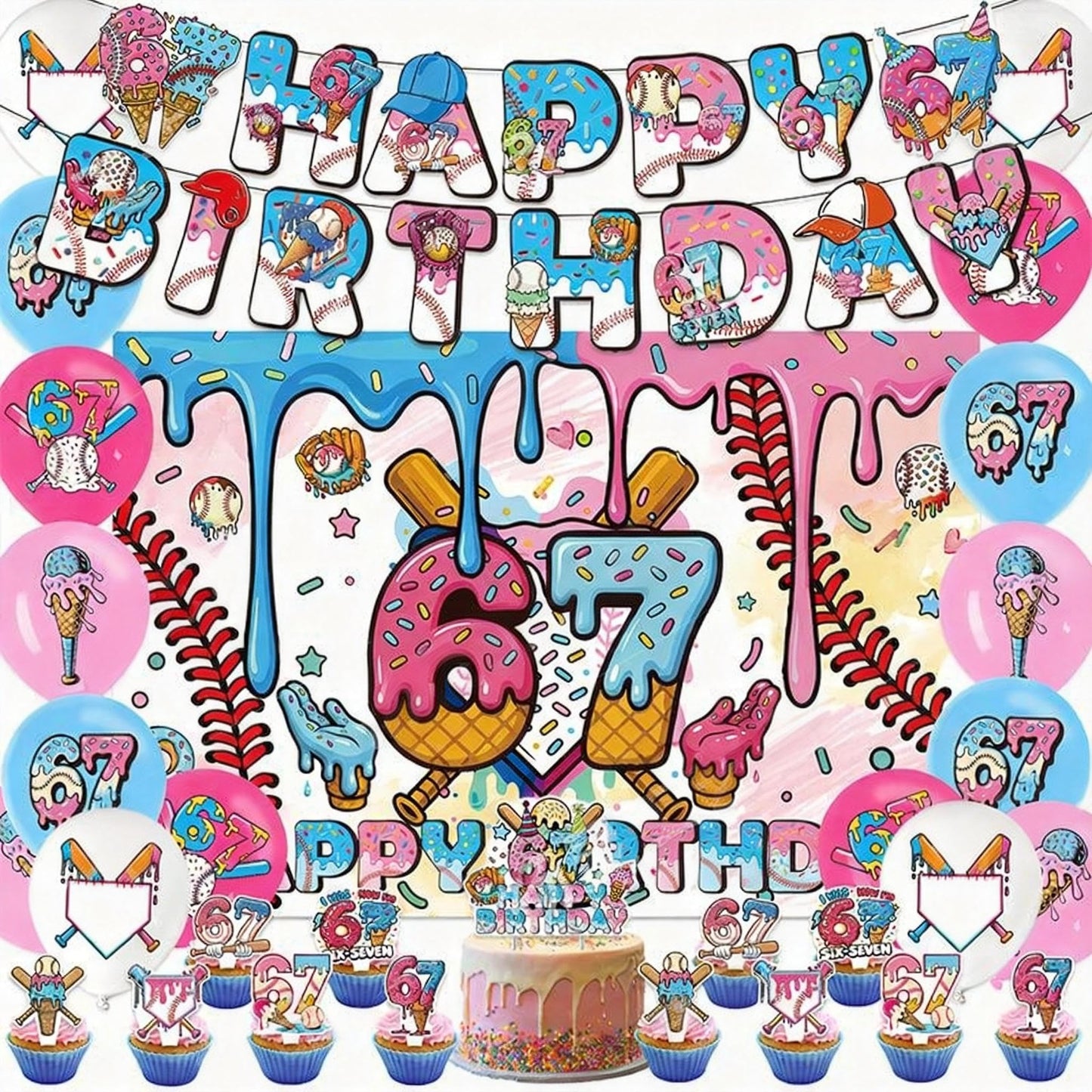 Toplepor 67 Ornament Birthday Decorations, 67 Meme Themed 6 7 Ornament Birthday Party Favors Set Includes Banner, Large Cake Topper, 24 x Cupcake Toppers, 18 x Ballons 6 7 Birthday Decorations