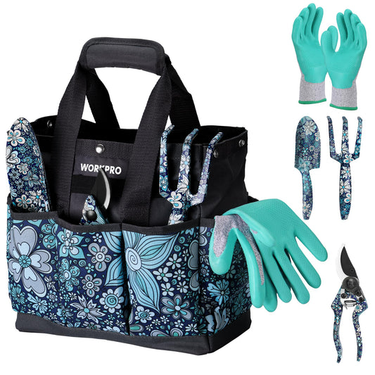 WORKPRO 5PCS Garden Tool Set, Aluminum Heavy Duty Gardening Tool Set with Garden Tool Bag, Outdoor Garden Hand Tools, Floral Blue