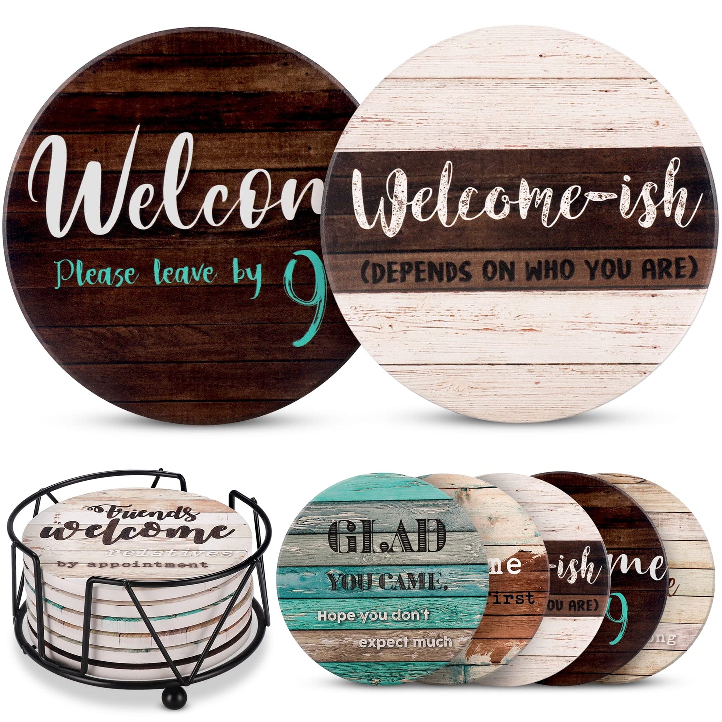 Funny Coasters - House Warming Gifts New Home - Housewarming Gifts for Women, Men, Couple, New Homeowner - Farmhouse Bar Coasters for Drinks with Holder - First Apartment Essentials
