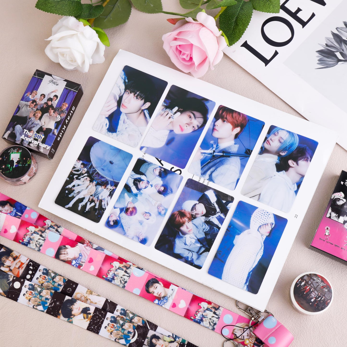 Stray Kids Gifts Set, Including 110 Photocards, 180 Stickers, 1 Drawstring Bag Backpack, 24 Lomo Cards, 3 Design Bracelet, 2 Adhesive Posters, 2 Lanyards, 2 Pins and Keychain SKZ's Fans Merchandise