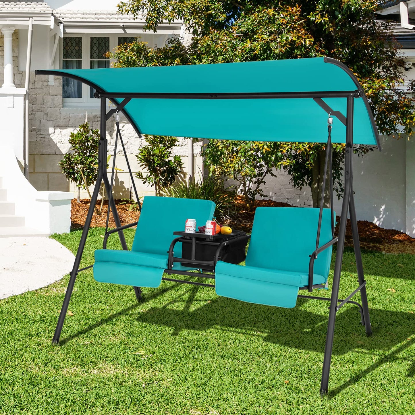 Tangkula 2 Person Porch Swing, Pivot Storage Table, Cooler Bag, 2 Cup Holders, Removable Cushions, Outdoor Patio Swing with Canopy for Backyard Balcony Poolside (Turquoise)