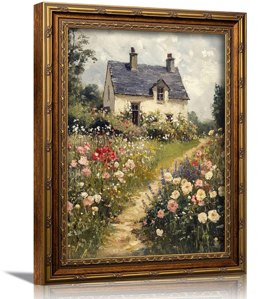 3D Textured Canvas Wall Art Vintage Carved Gold Frame Vintage Country Farmhouse Wildflower Nature Floral Relief Poster Print Artwork for Bedroom, Bathroom, Living Room Office Home Decor
