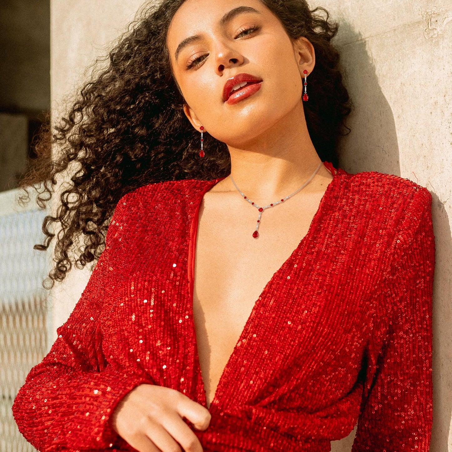 EVER FAITH Red Cubic Zirconia Jewelry Set Elegant Rhombic Birthstone Teardrop Wedding Prom Choker Necklace Dangle Earrings Sets for Women