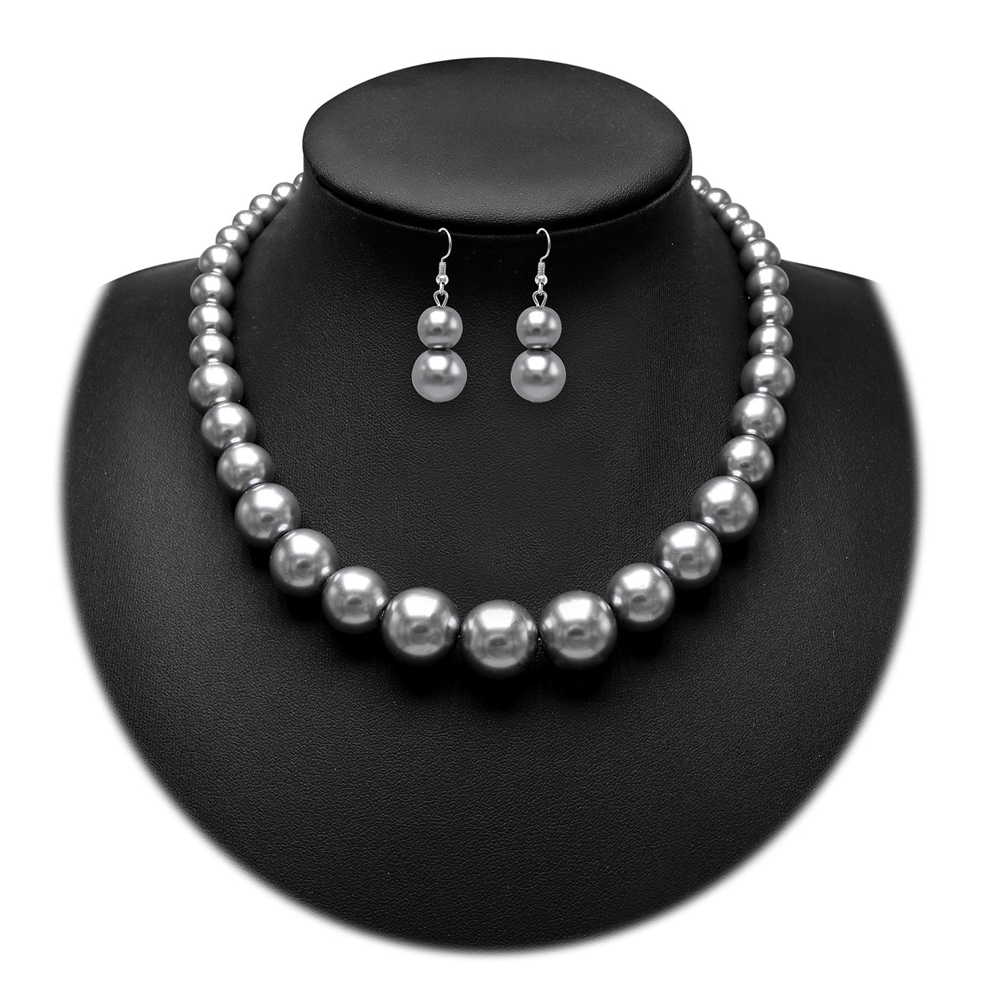 Cryshimmer Pearl Choker Necklace for Women Faux Pearl Beads Strand Necklace Earring Set Costume Jewelry (Grey)