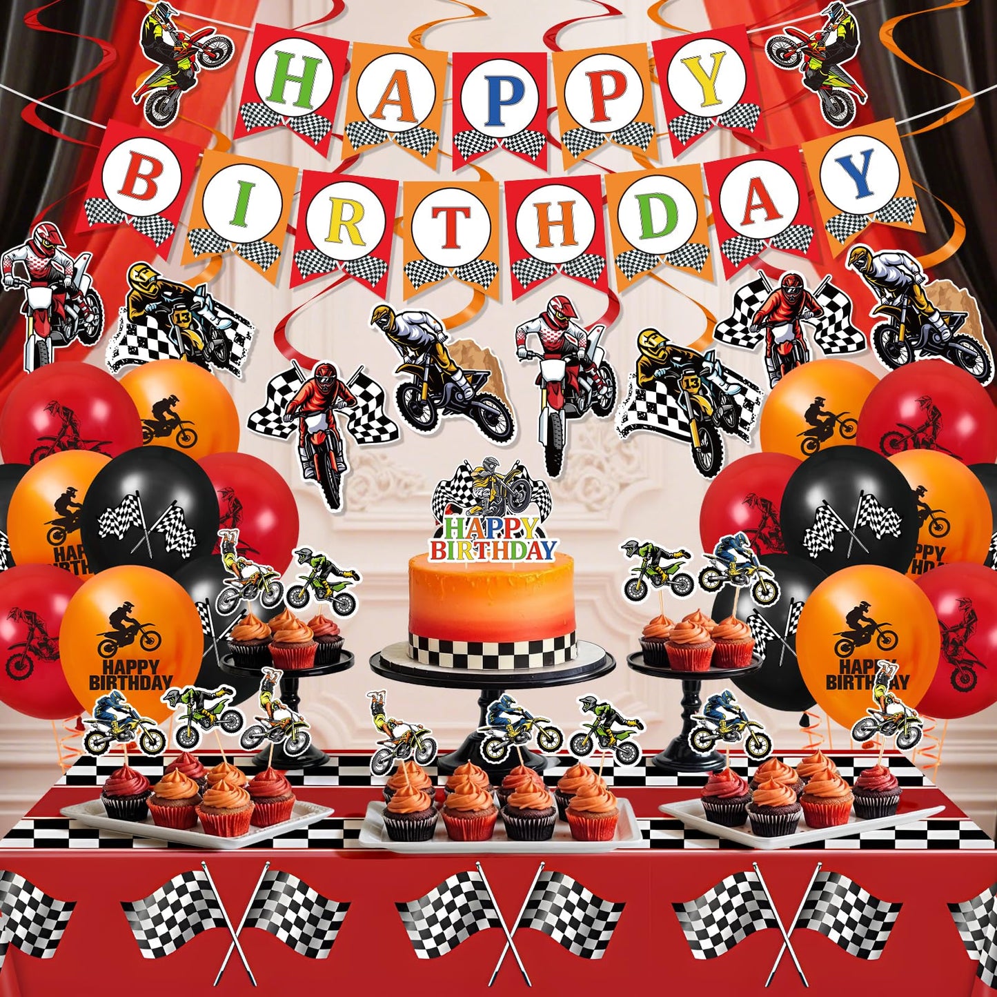 Dirt Bike Party Decorations Kit Motorcycle Theme Happy Birthday Banner Balloons Dirt Bike Hanging Swirls Tablecloth Cake Cupcake Toppers Decor for Boys Men Dirtbike Birthday Party Favors Supplies