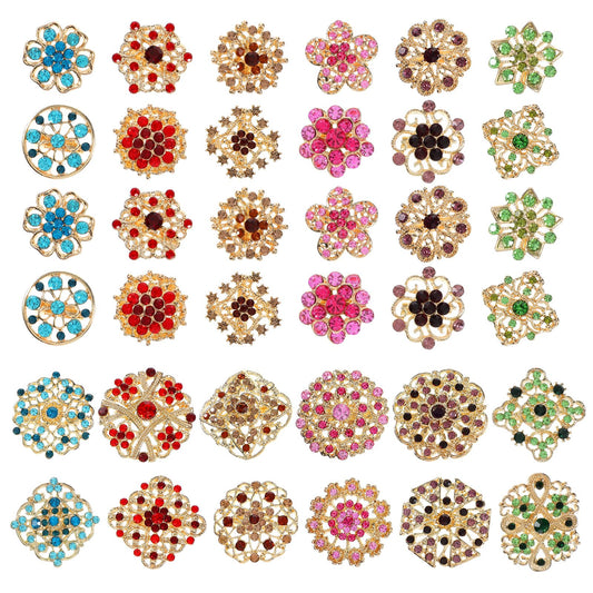 36pc Mixed Color Rhinestone Crystal Flower Brooches Pins Mixed Color Costume Jewelry Retro for Wedding Party Bouquet Crafts Kit Gifts