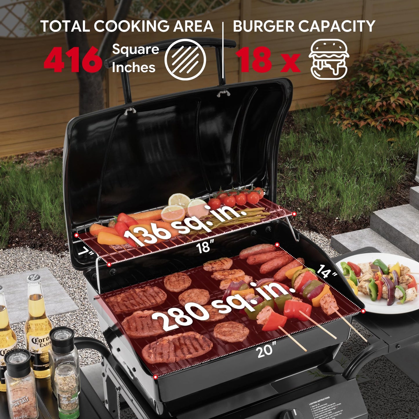 Feasto 2 Burner Propane Gas Grill with 26,500 BTUs Output, Porcelain-Enamel Main Body and Lid, Propane BBQ Grill with Warming Rack & Side Tables for Patio, Backyard, Poolside Gatherings