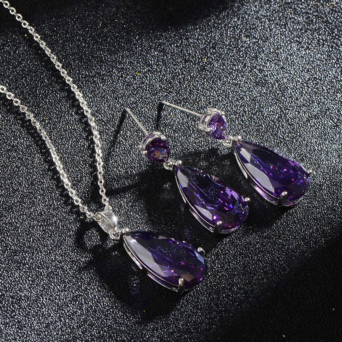 Mycitta Bridal Jewelry Set for Wedding - Amethyst Purple Teardrop Cubic Zirconia Crystal CZ Rhinestone Pendant Necklace Set for Mother of Bride Prom Party Formal Jewelry