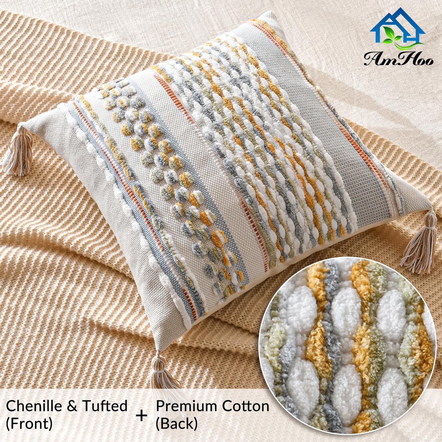 AmHoo Set of 2 Chenille Striped Textured Boho Throw Pillow Covers Aesthetic with Tassels Woven Decorative Pillow Case for Couch Bed Sofa Bedroom Modern Funky 18 x 18-Inch Grey