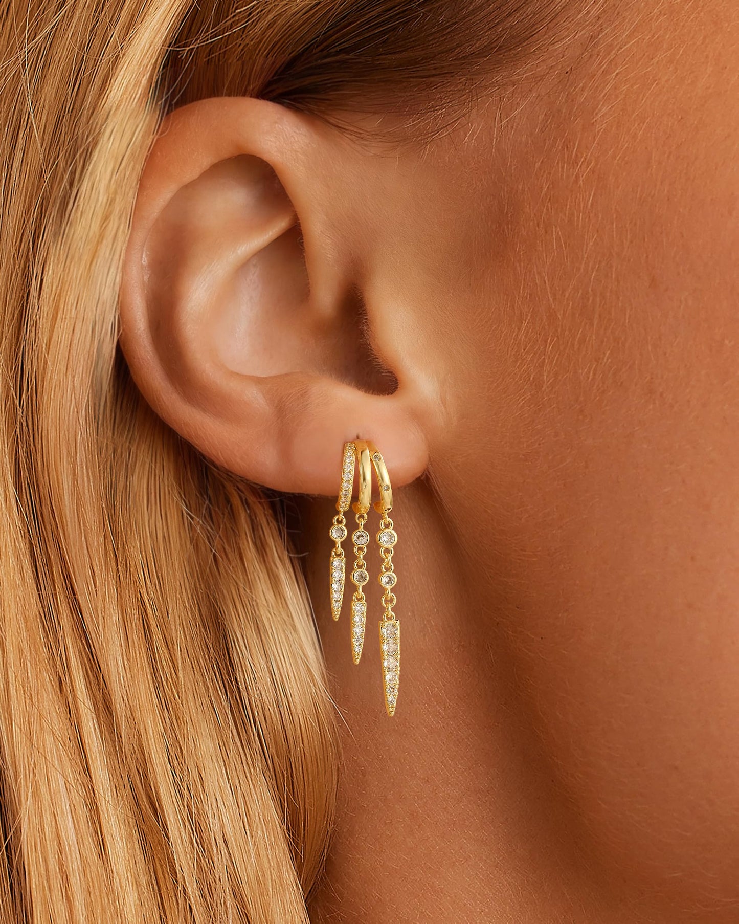 Freekiss Gold Long Dangle Earrings for Women, 3 Hoop Illusion Huggie Diamond Drop Earrings, Dainty Simple 14K Gold Plated Hypoallergenic Statement Stud Earring Set Jewelry for Women