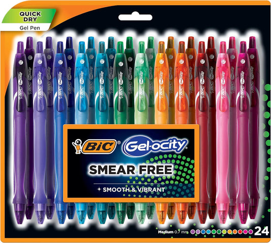 Bic Gelocity Quick Dry Assorted Colors Gel Pens - Medium Point (0.7mm) - 24 Count Pack - Retractable Colored Pens with Comfortable Grip