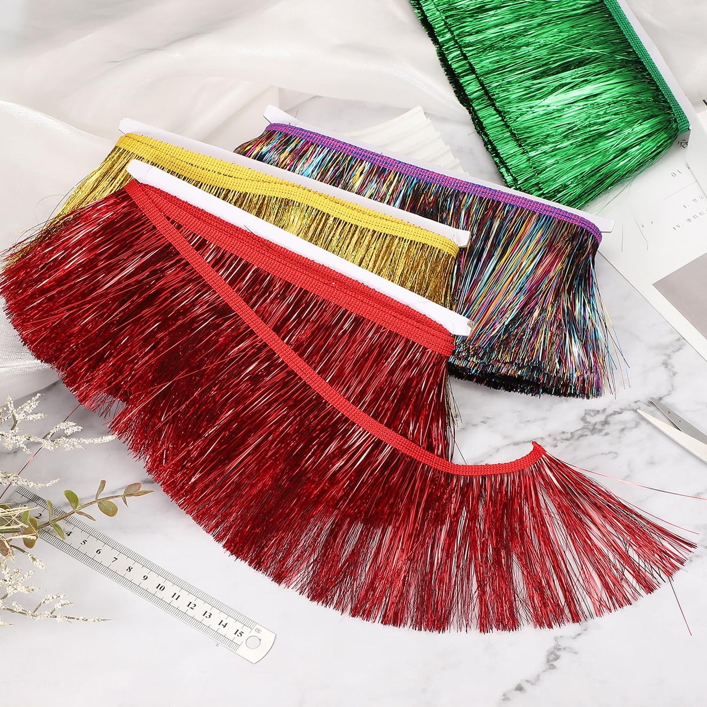 uxcell 5.5 Yard of 4 Inch Shiny Tinsel Fringe Trim, Sparkling Metallic Fringe Trims Garland Tinsel Streamer for DIY Latin Dance Costume Clothing Accessories Holiday Decor, Red