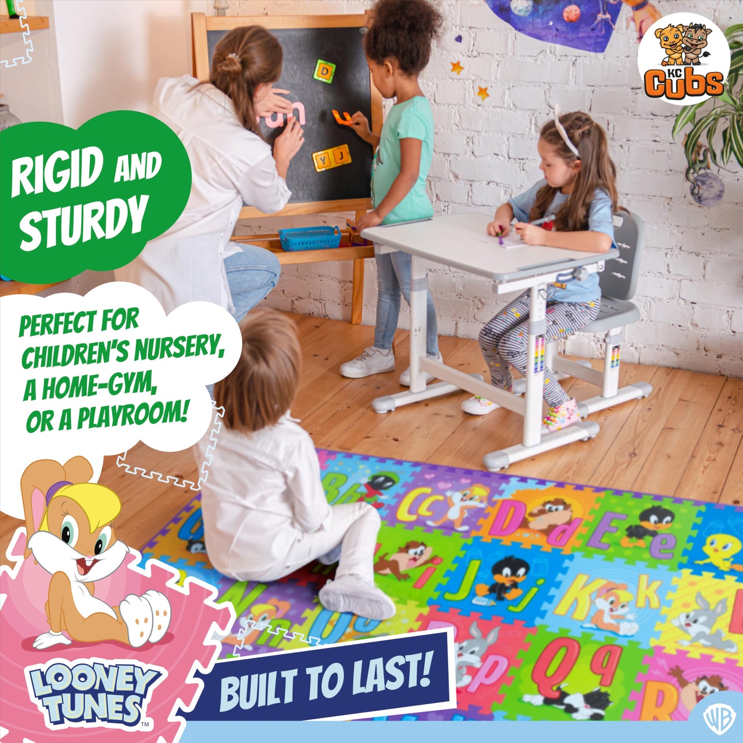 Looney Tunes ABC, Numbers & Shapes EVA Foam Puzzle Mat Non-Toxic Play Mat for Tummy Time, Kids Preschool & Nursery - 36 Tiles, 12x12”, 24 Borders - Educational Playmat for Toddlers & Children, KC Cubs
