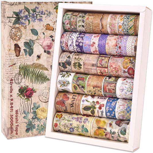 42 Rolls Vintage Washi Tape Set, Floral Letter Butterfly Mushroom Botanical Flower Writable Decorative Tapes for Scrapbooking , Junk Journal Supplies, Bullet Journaling 5-75mm Wide 9.84ft long/Roll