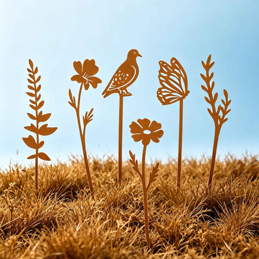 LumDecor Rust Metal Flower Butterfly Bird Garden Stakes Set of 6, Decorative Yard Art for Outdoor, Garden Statues for Outside, Outdoor Accessories for Pot, Flower Bed, Front Yard, Backyard, and Lawn