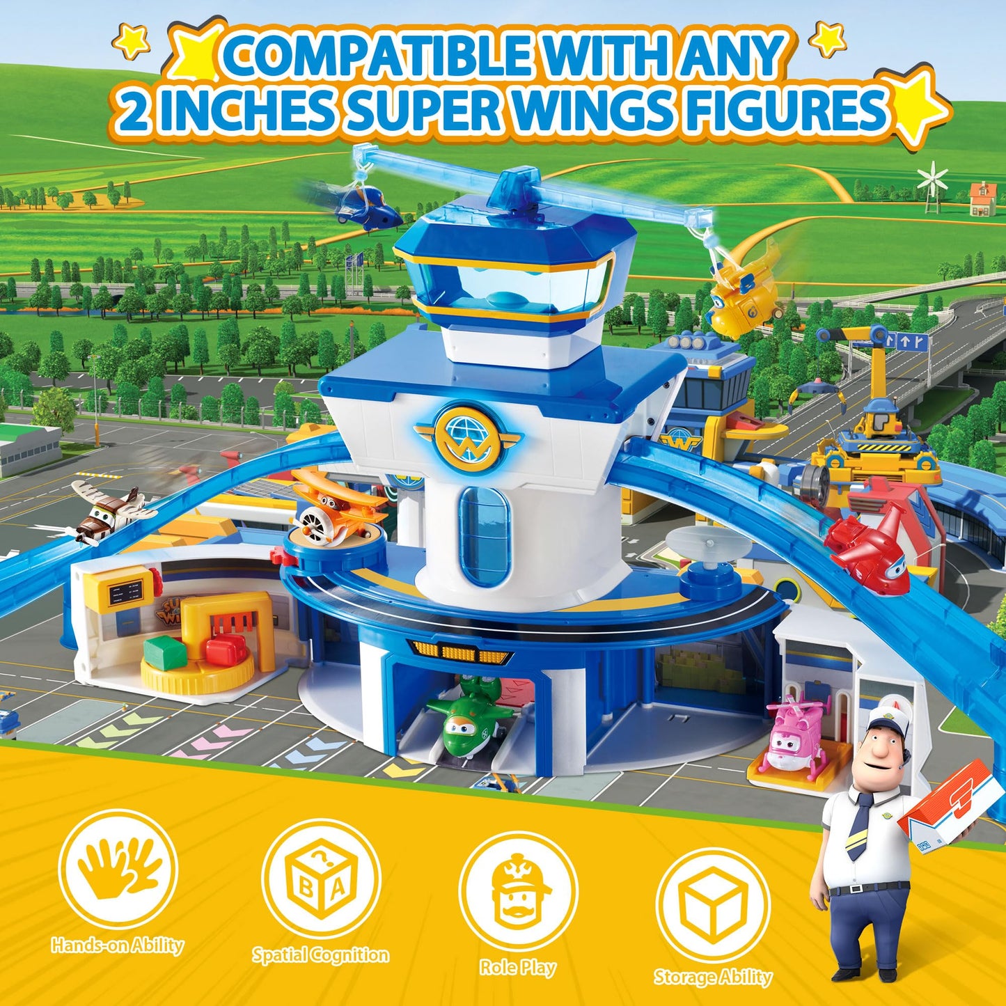 Super Wings World Airport Playset, Includes 2" Transform-a-Bot Jett and Donnie Figures, Preschool Educational Learning Toys for Boys and Girls Age 3 4 5 6, Birthday Gifts for Kids