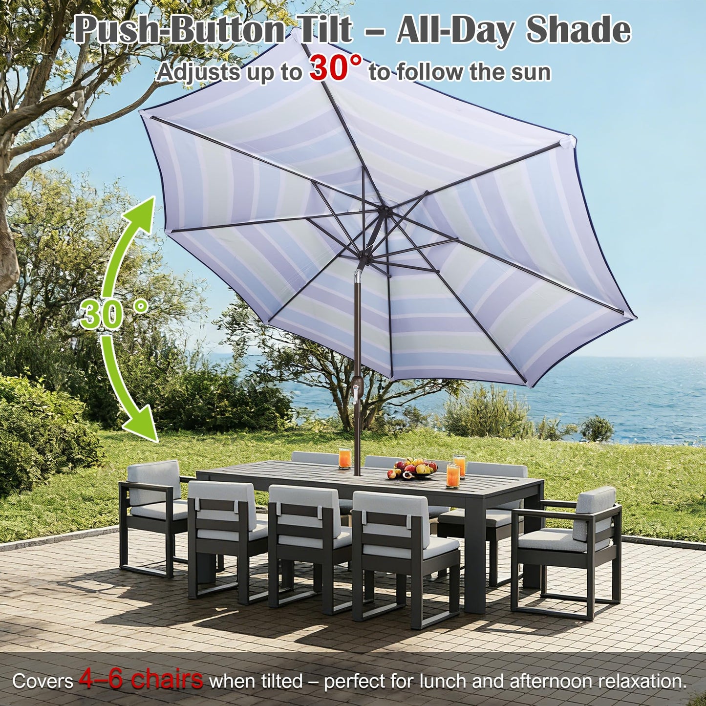 Blissun 10FT Patio Umbrella, Outdoor Table Umbrella, Yard Umbrella, Market Umbrella with 8 Sturdy Ribs, Push Button Tilt and Crank, Blue & Green