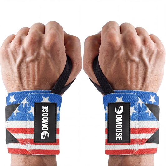 DMoose Wrist Wraps Weightlifting Men 12 and 18 Inches Thumb Loops with Wrist Support for Workouts Powerlifting Wrist Straps for Weight Lifting Men and Women American III