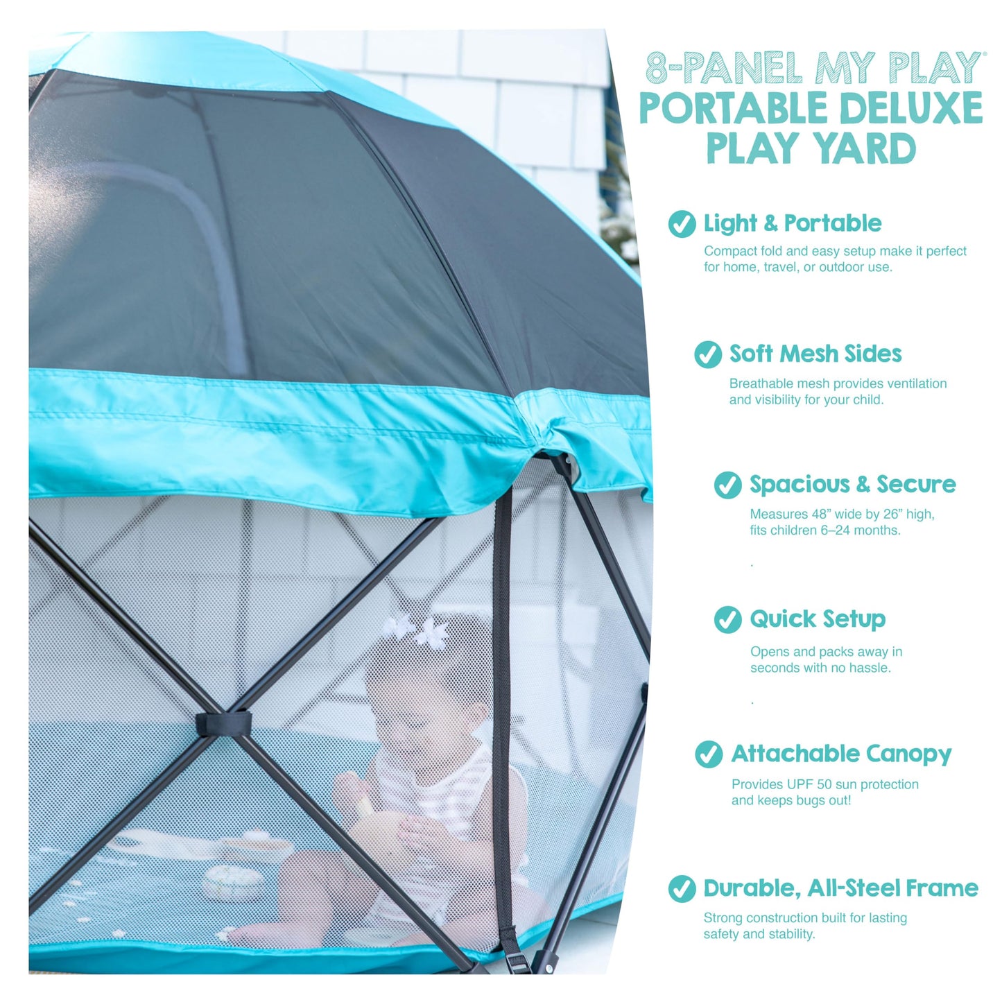 Regalo Safety My Play Deluxe Extra Large Baby Playpen & Portable Play Yard with Canopy, Foldable 8-Panel Indoor Outdoor Playpen for Babies & Toddlers, Mesh Sides, Washable Nylon Bottom, 62", Aqua