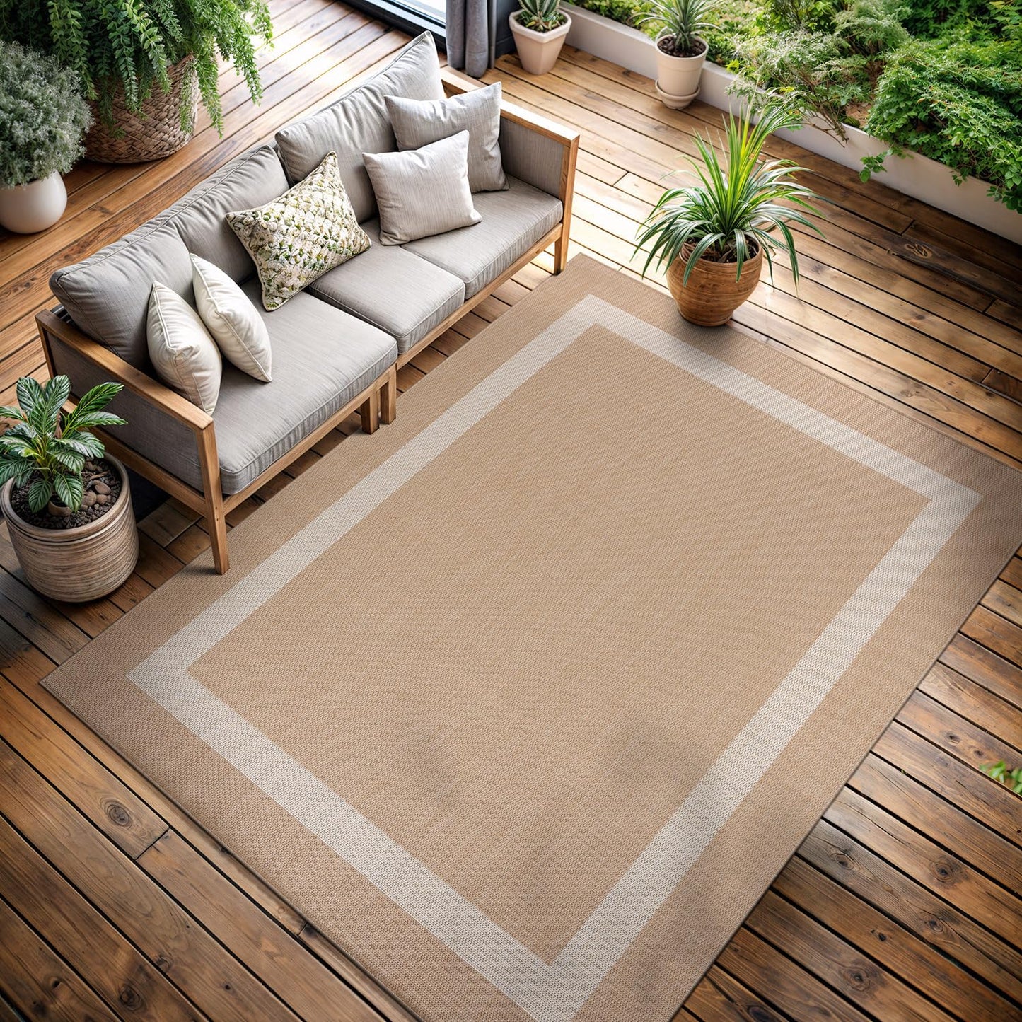 CAMILSON Outdoor Rug 8x10, Modern Outside Rugs for Patios Porches Waterproof Durable Washable Non-Shedding, Easy-to-Clean Indoor Outdoor Area Carpet (8 x 10, Bordered - Beige/White)