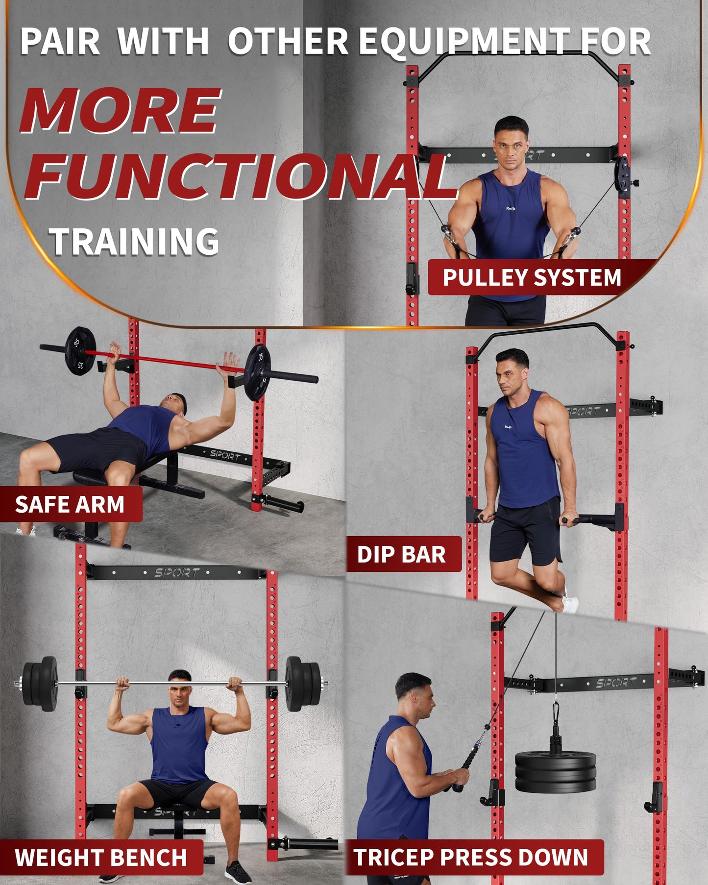 Folding Squat Rack for Home Gym, 1000 LB Capacity Wall Mounted Power Rack with Pull Up Bar, J Hooks and More Attachments, 2.36" x 2.36" Space Saving Multifunction Power Cage, Black/Red