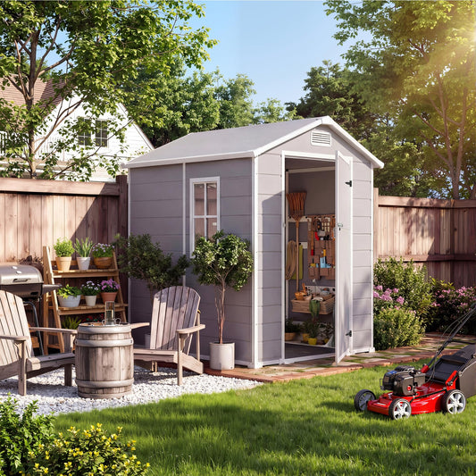 4x6 ft Outdoor Storage Shed with Floor, Plastic Resin Garden Shed with Window & Lockable Door, Tool Shed for Patio, Backyard, Lawn Mower, Bike Storage