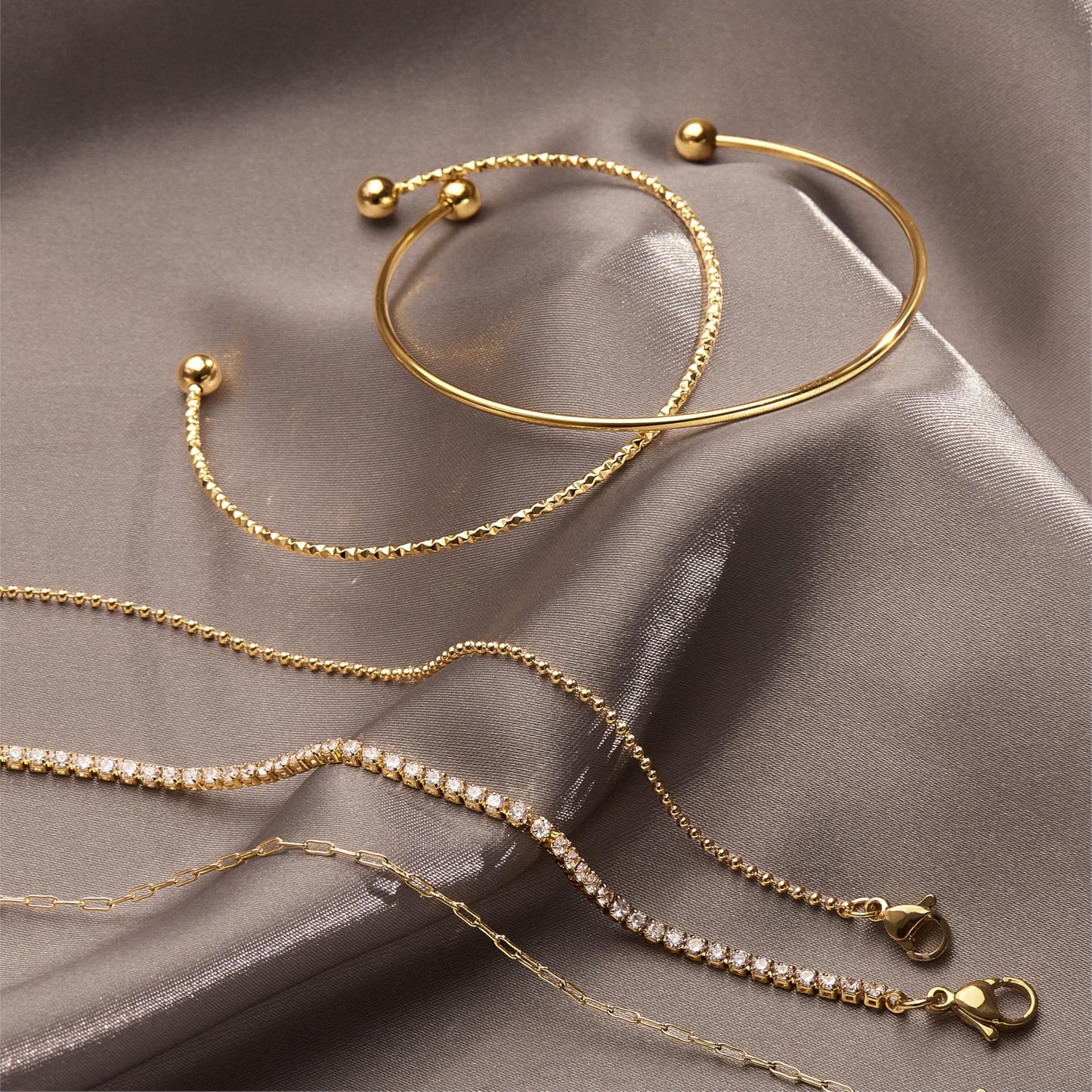 Gold Bracelets for Women 14K Gold Plated 5 Pcs Set - Dainty Stackable Waterproof Stainless Steel Jewelry - Minimalist Paperclip Beaded Tennis Bangle Bracelet Set for Women Gifts