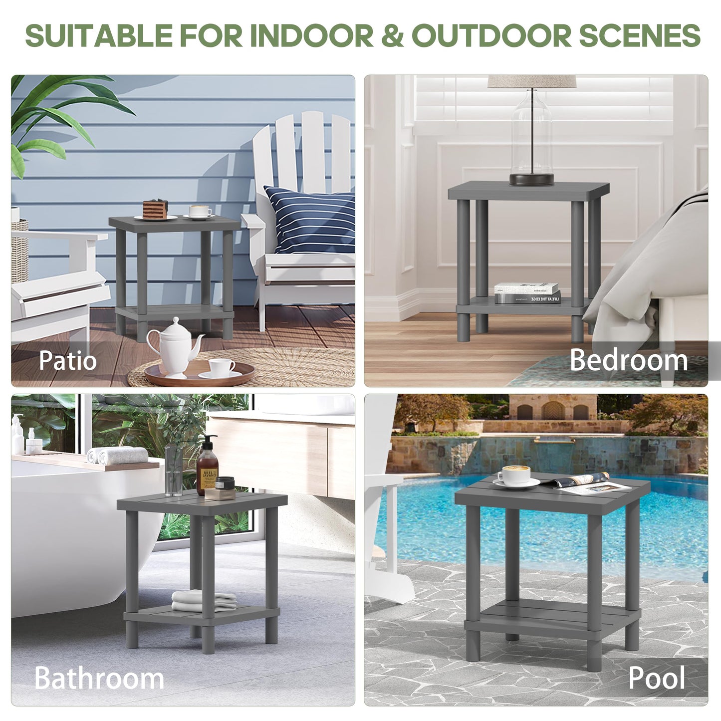 LEJANEOYE Outdoor Side Table, 2-Tier Small Outdoor Table for Patio, Adirondack Side Tables for Outside or Indoor, Bamboo End Table for Pool, Porch, Weather Resistant Easy Maintenance-Gray