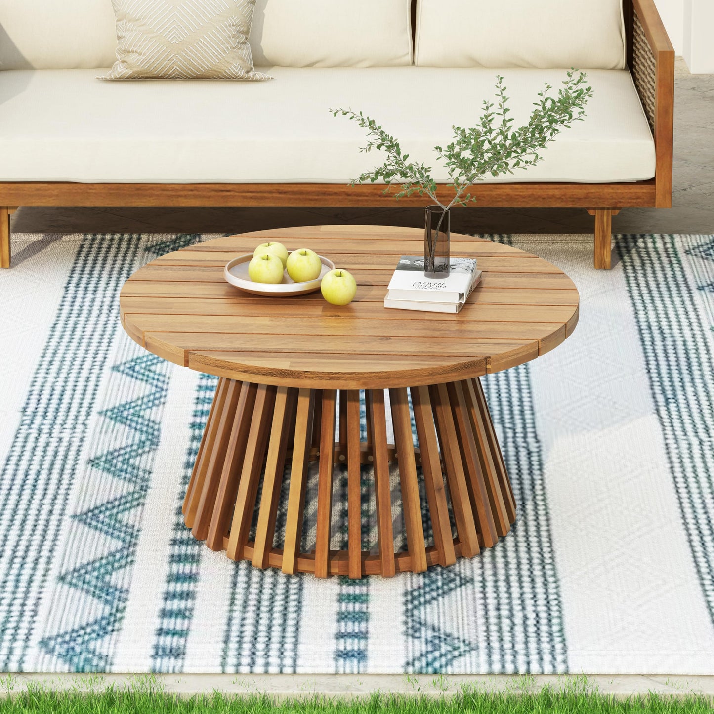 Christopher Knight Home Hakee Acacia Wood Patio Coffee Table, Round Table with Unique Wooden Base for Backyard, Balcony, Stylish Indoor/Outdoor Table, Easy Assembly, 31.5" x 31.5" x 16", Teak