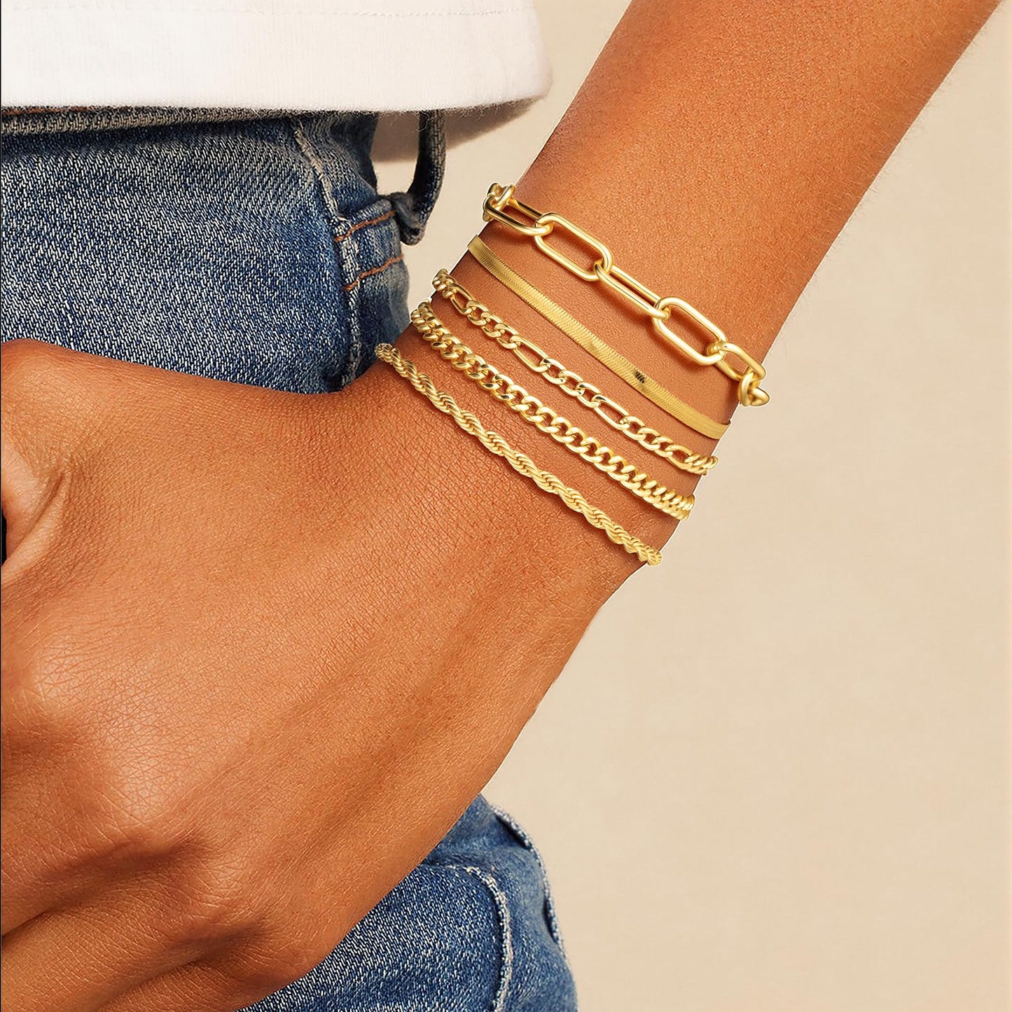 Mujahid Waterproof Gold Plated Bracelets Set for Women Trendy, Dainty 14K Gold Jewelry Fashion Stackable Tennis Beaded Figaro Herringbone Paperclip Link Bracelet Pack Stack Gifts for Women,Never Fade