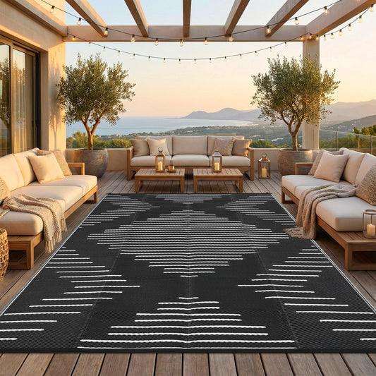 Garvee Waterproof Outdoor Area Rug 9x12 Plastic Reversible Rug for Patio Decor Easy-Cleaning Large Floor Mat for Camping RV Porch Deck Backyard Balcony Picnic Black White