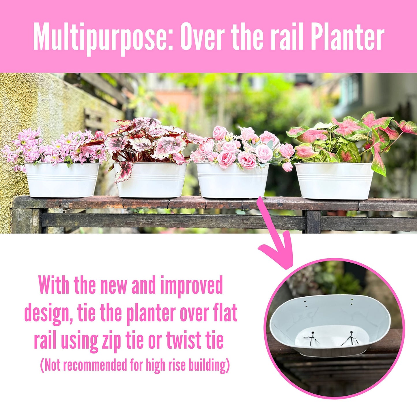 LaLaGreen Rail Planter Outdoor (6 Pack, 11.8 Inch) White Metal Iron Hanging Flower Pots Deck Railings Fence Buckets Modern Countryside Boho Style Wall Mount Window Box Plant Holder Hooks Porch Decor