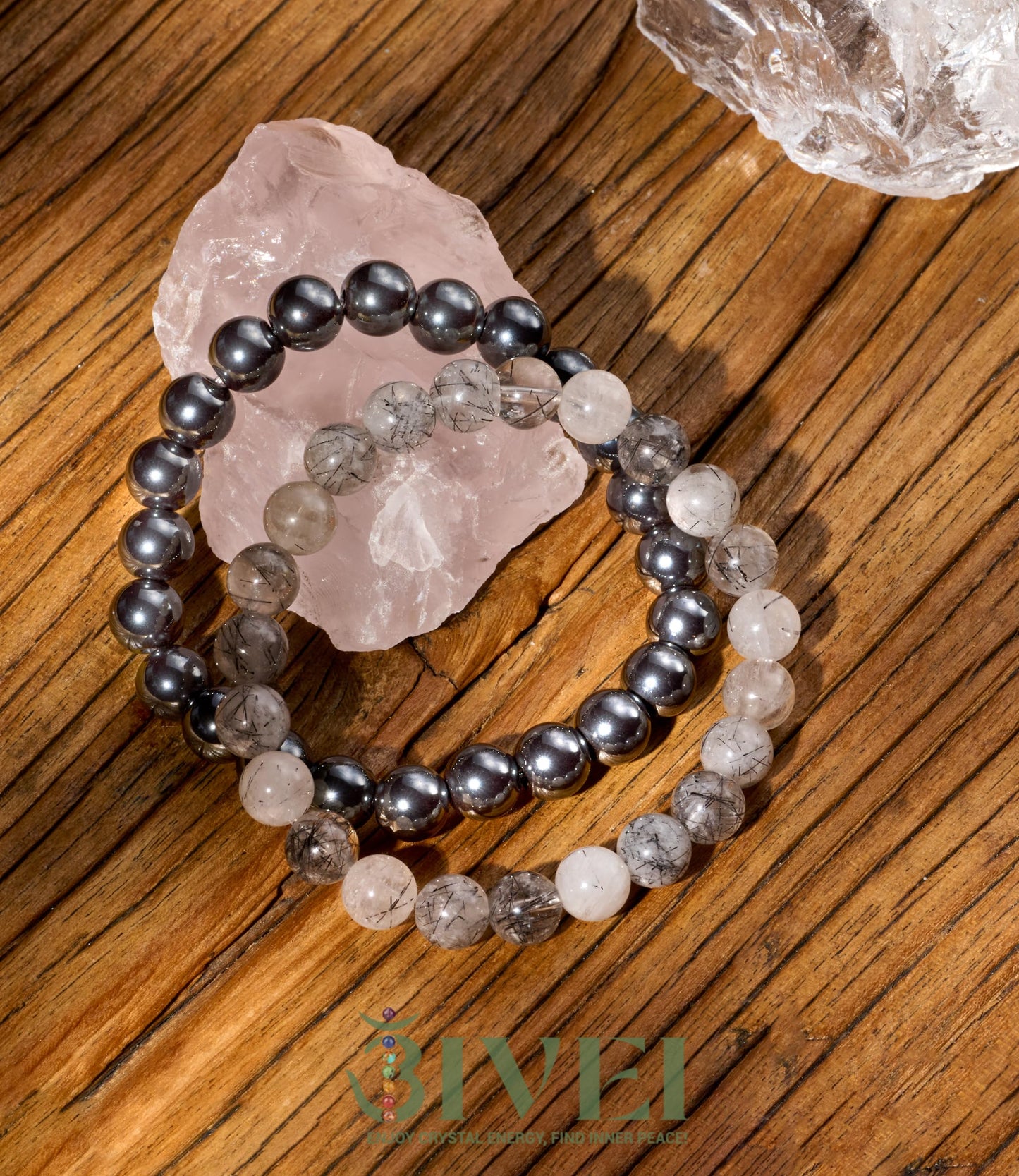 Bivei Natural Gemstone Semi Precious Crystals Handmade Stretchy Round Beads Bracelet, Enhance Positive Energy,Stocking Stuffers for Women(Black Rutilated Quartz & Hematite (Emotional Trauma) Medium)