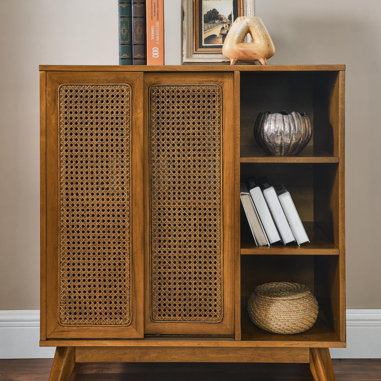 Ball & Cast 32" Mid Century Modern Rattan Sideboard Cabinet with 2 Sliding Doors, Buffet Cabinet w/Adjustable Shelf & Solid Wood Legs for Entryway, Living Room, Kitchen,Dining Room, Light Walnut