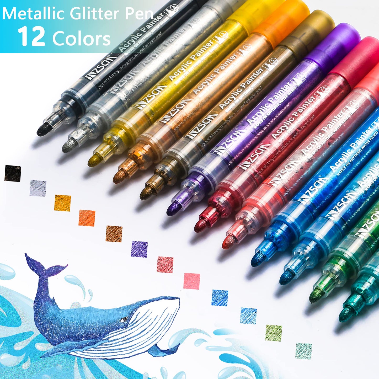 ZSCM Large Acrylic Glitter Markers Pen, 12 Colors Stocking Stuffers Gifts, Metallic Shimmer Markers for Doodle Writing, Glitter Art Crafts Gifts Trendy Stuff Christmas Stocking Stuffers