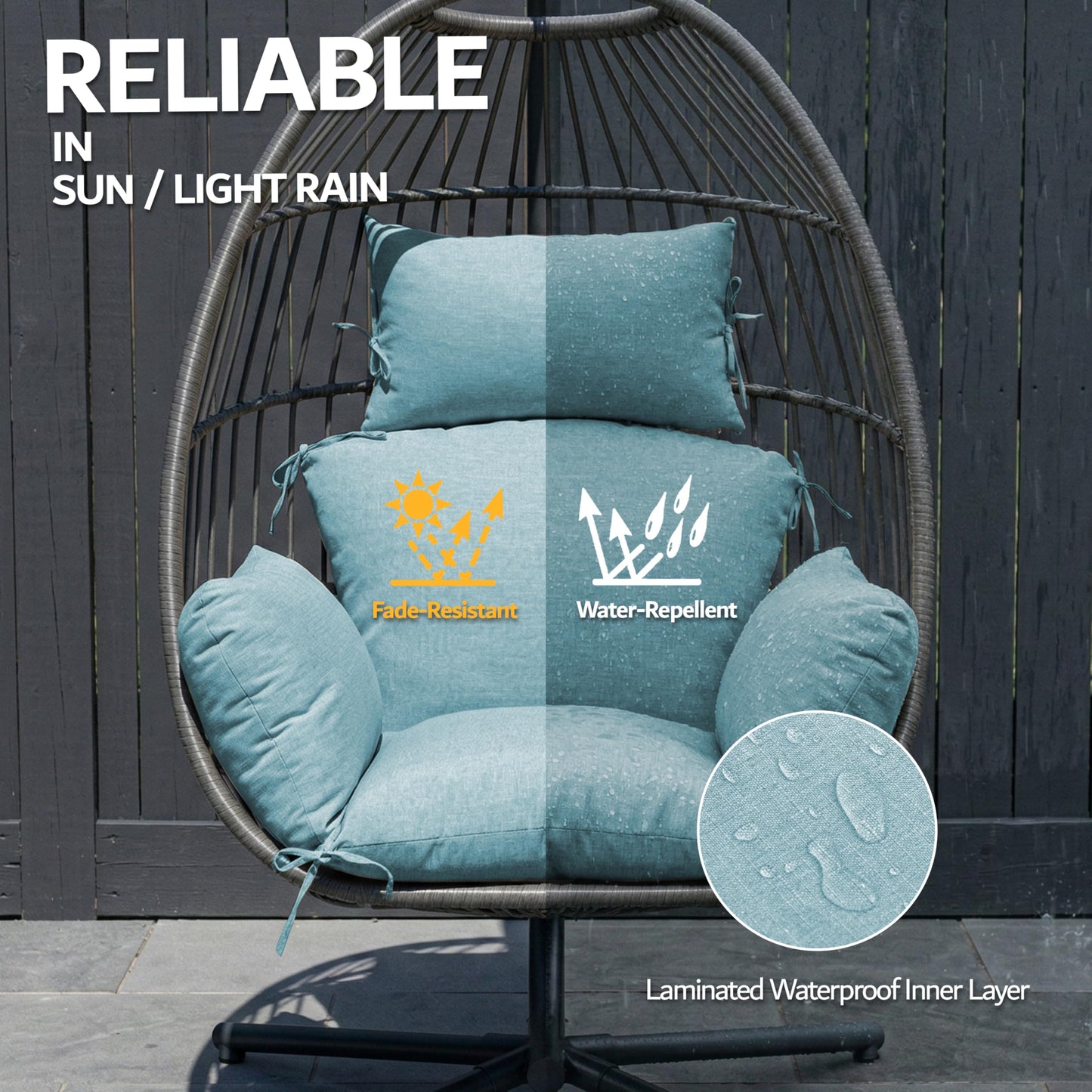 Honorbox Egg Chair Cushion with 8 Securing Straps, Water-Repellent & Fade-Resistant Faux Linen, Removable Cover, Replacement Cushion for Most Single Outdoor Hanging Swing Egg Chairs – Teal