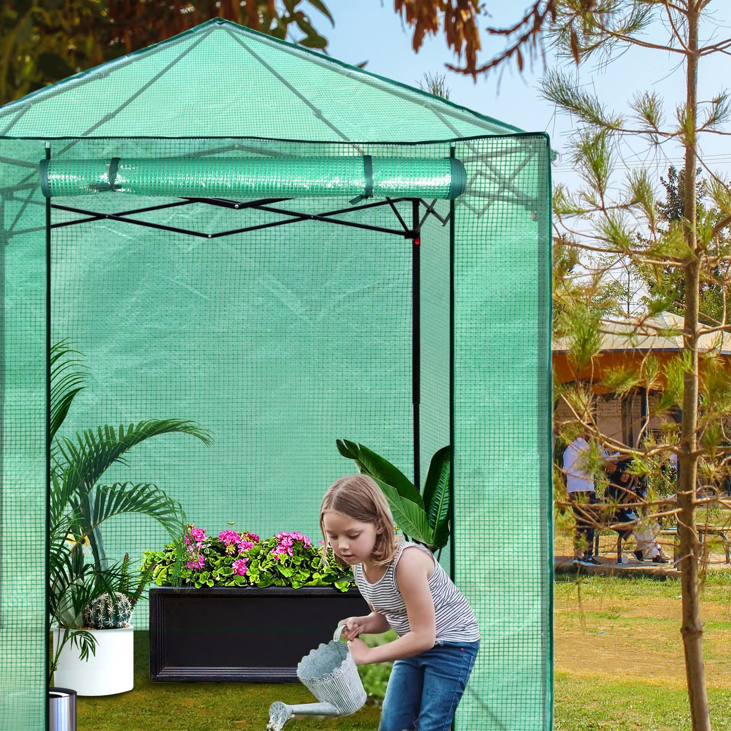 PexFix 8'x 8' Portable Walk-in Greenhouse, Easy Setup, Indoor/Outdoor, 2 Roll-Up Mesh Windows, Roll-Up Zipper Door, Green