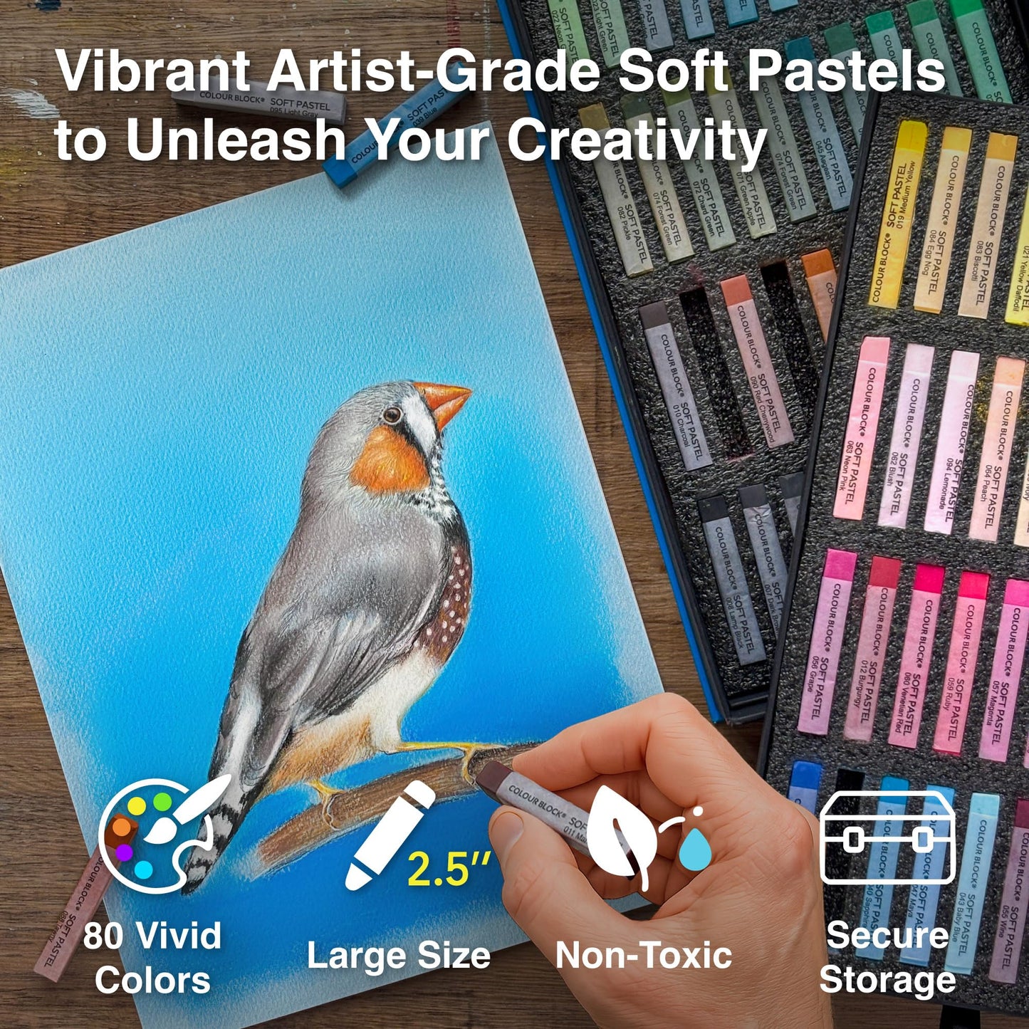 COLOUR BLOCK Soft Pastels for Artists - 80 Colors Square Chalk Soft Pastels Art Set in CARBON Box - Vibrant Pigments Art Kit for Painting, Drawing, Sketching, Hobbyist.