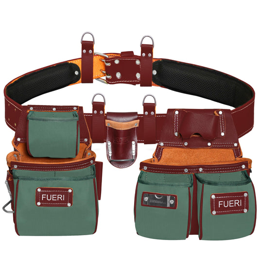 FUERI Electrician's Heavy Duty Tool Belt for Men, Made of Thick Leather and Durable Nylon, Comes with Adjustable Padded Tool Belt, Storage Capacity Tool Pouches, Hammer Holder, And Suspender Loops.