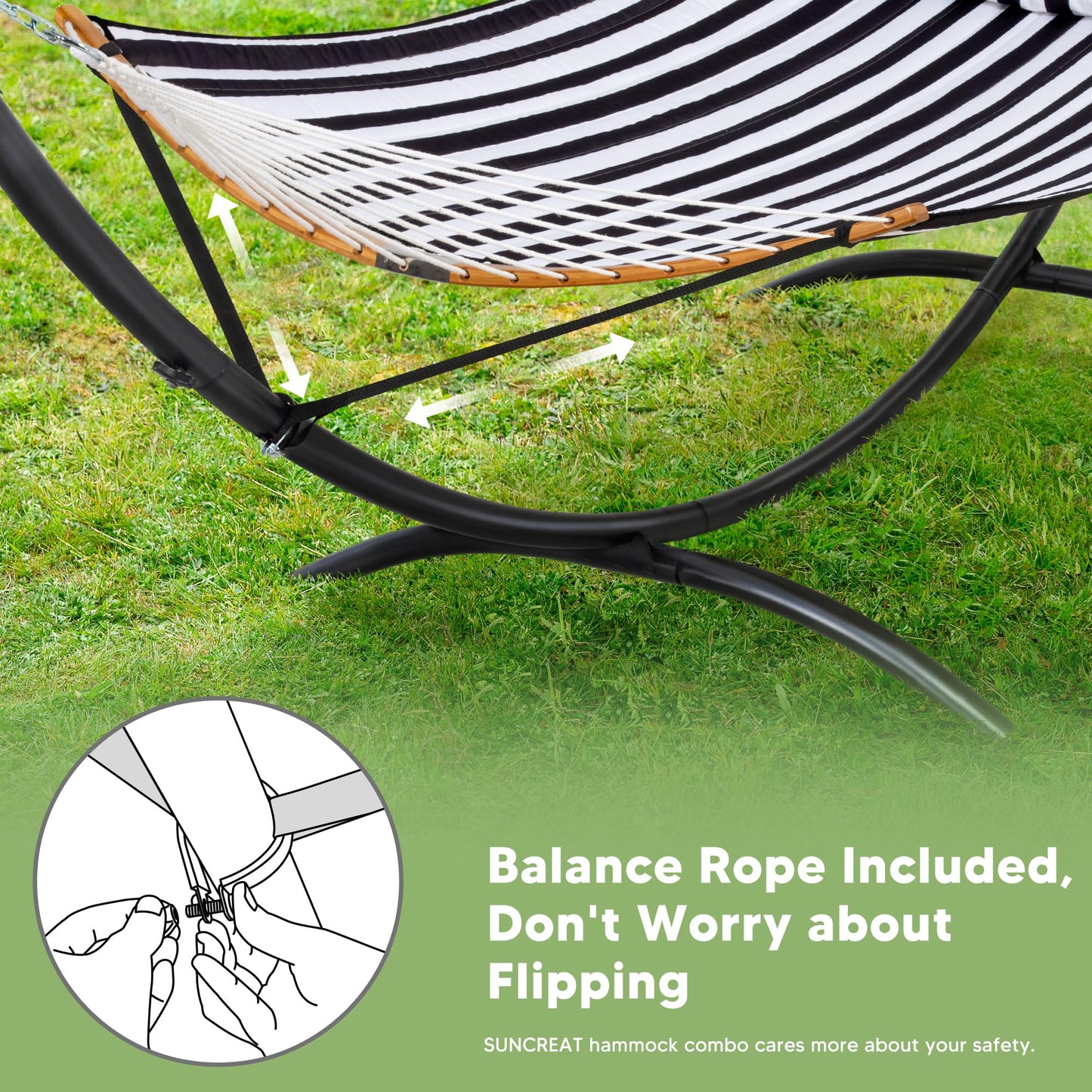SUNCREAT Hammocks for Outside with Stand, Porch Hammock and Stand, 475 lbs Capacity, Patent Pending, Black & White