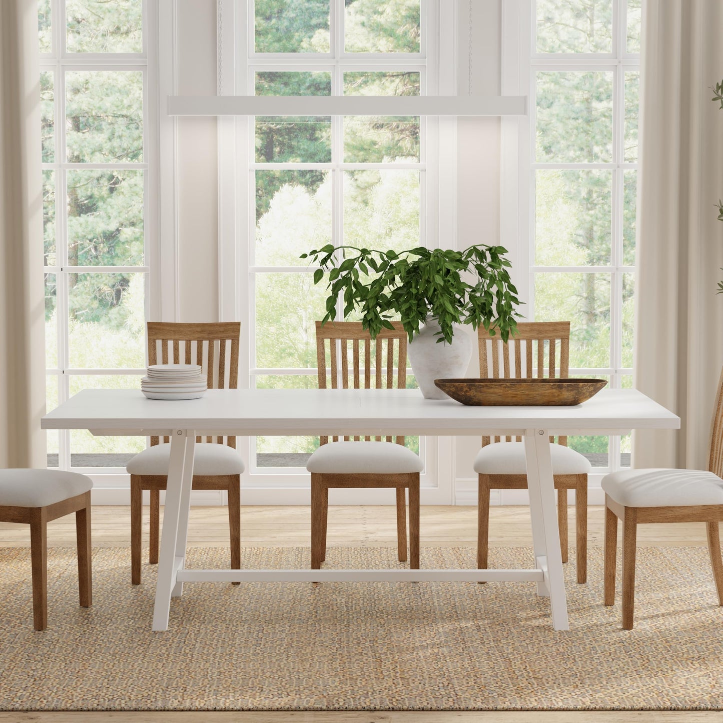 ComfIQ 84" Harthwell Solid Wood Frame Modern Farmhouse Dining Table, Comfortable Seats 6 to 8 Chairs in White, Easy-Assembly
