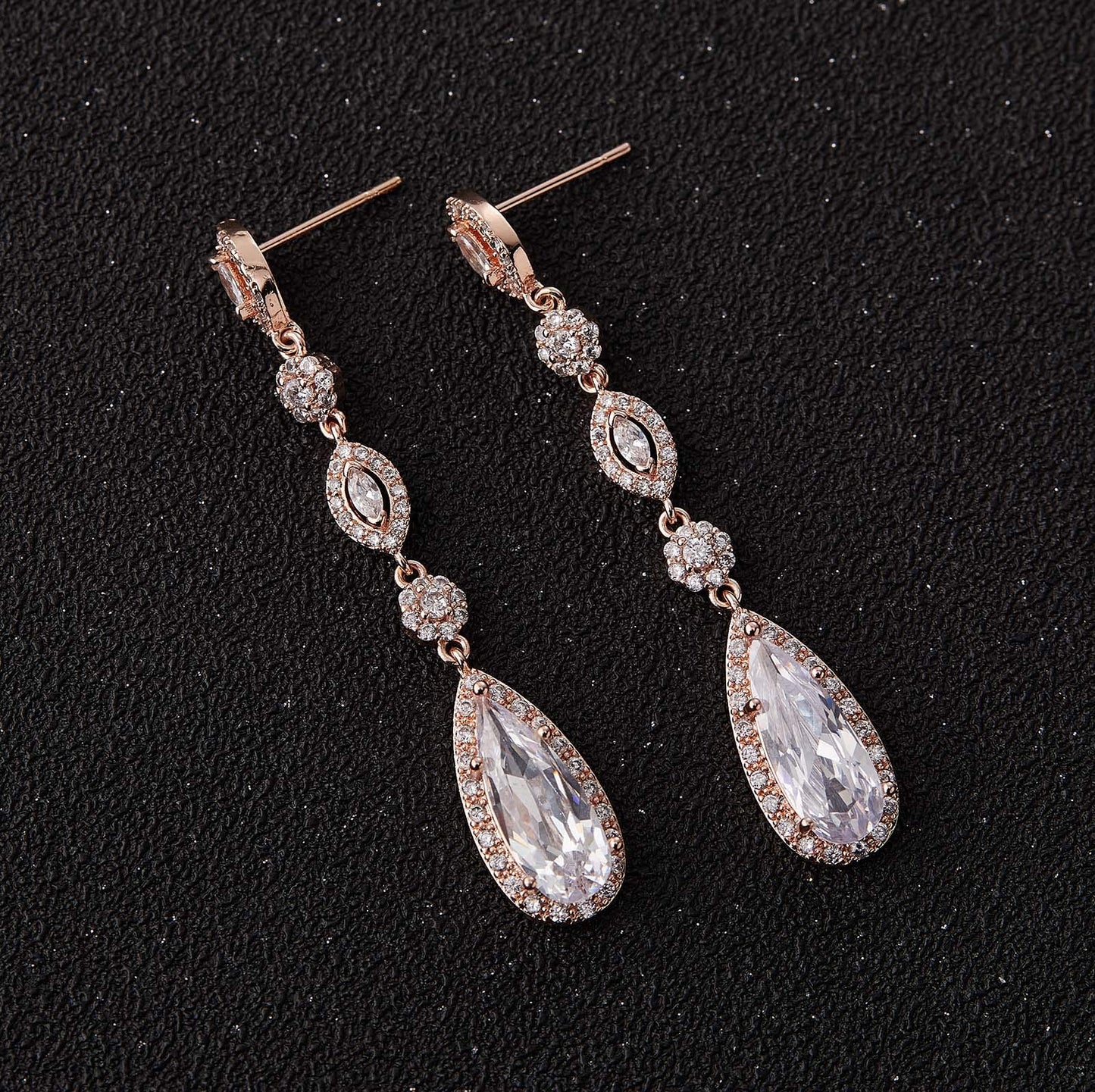 SWEETV Long Pear-Shaped Rose Gold Wedding Birdal Earrings for Brides, Bridesmaids, Crystal Chandelier Dangle Drop Earrings for Women Prom