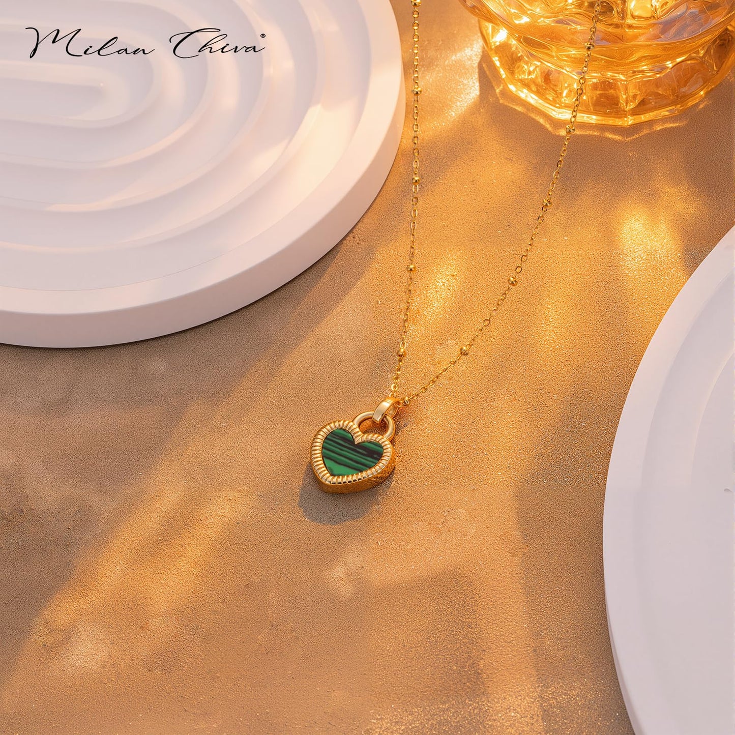Milan Chiva Womens Heart Pendant Gold Necklace 14K Double Side Dainty Shell Statement Chain Jewelry MNS-1030WGN