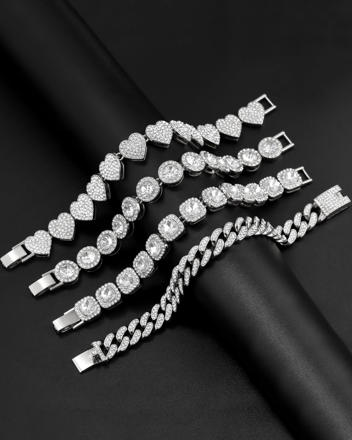 shopbyskyler 4PCS Gold Silver Bracelets for Women Diamond Cuban Bracelet Layered Link Bracelet Set Fashion Jewelry (Silver, 8inch)