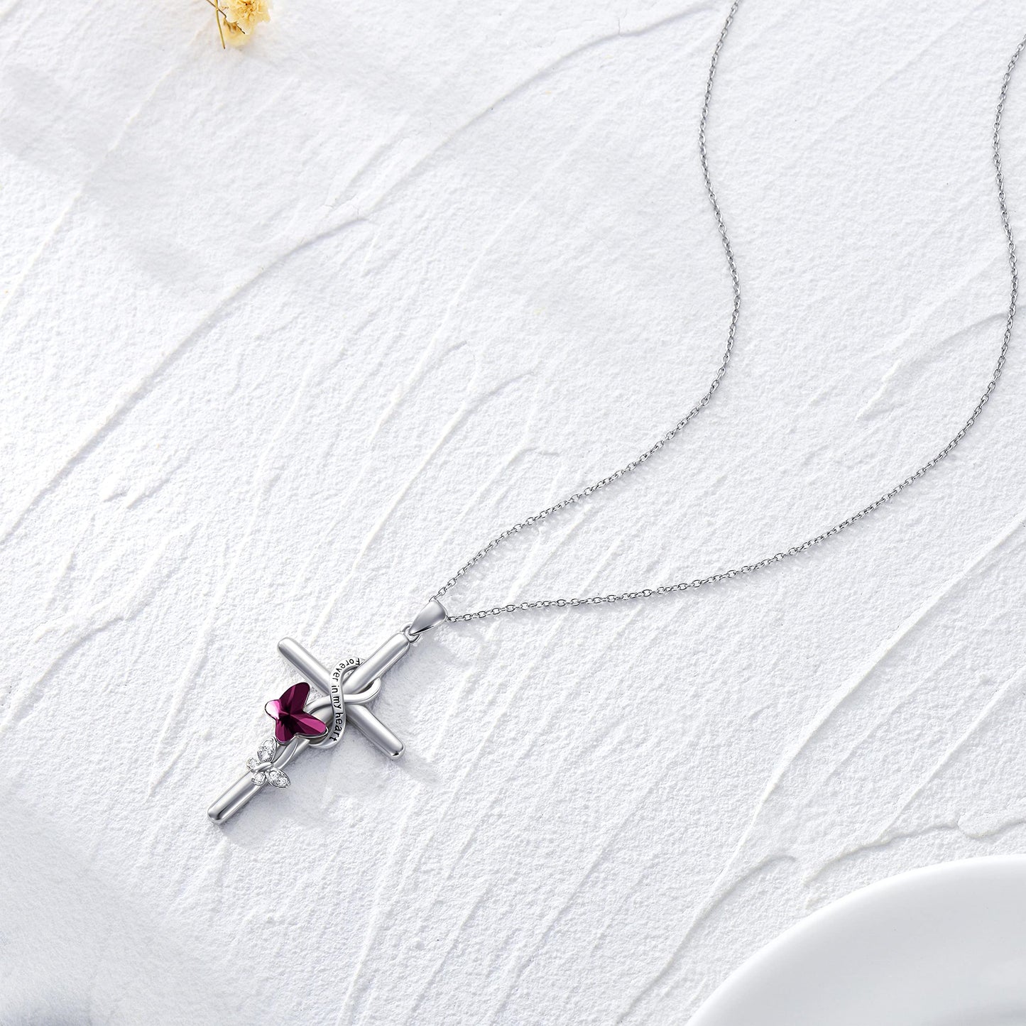 Flpruy Butterfly Cross Necklace 925 Sterling Silver for Women Forever in My Heart Crystal Butterfly Cross Necklace
