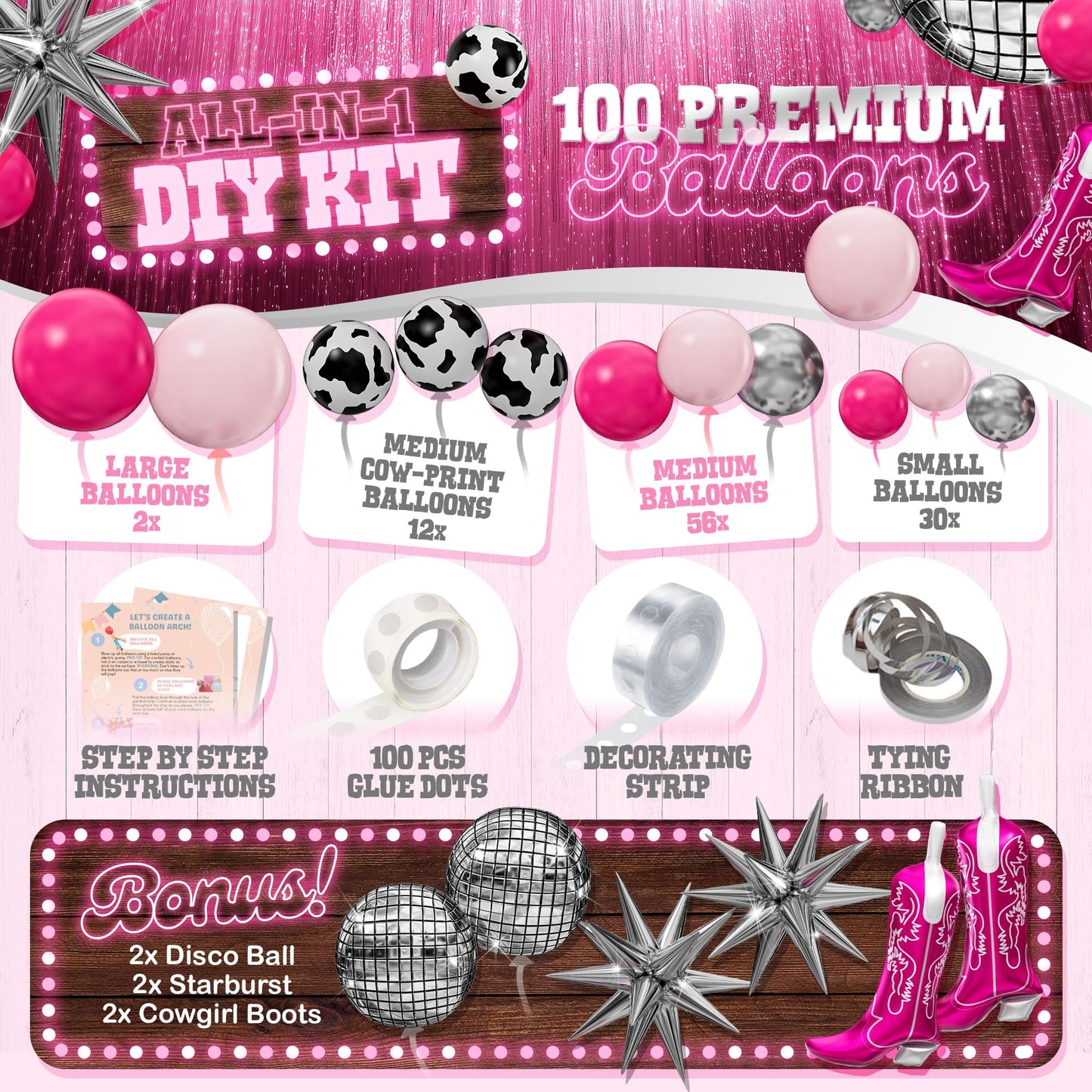 ALL-IN-1 Cowgirl Balloon Arch Kit with BONUS Boot Balloons for Cowgirl Party Decorations - Cow Girl Balloons Garland for Disco Cow Girl Birthday Party Decorations & Last Rodeo Bachelorette Decoration