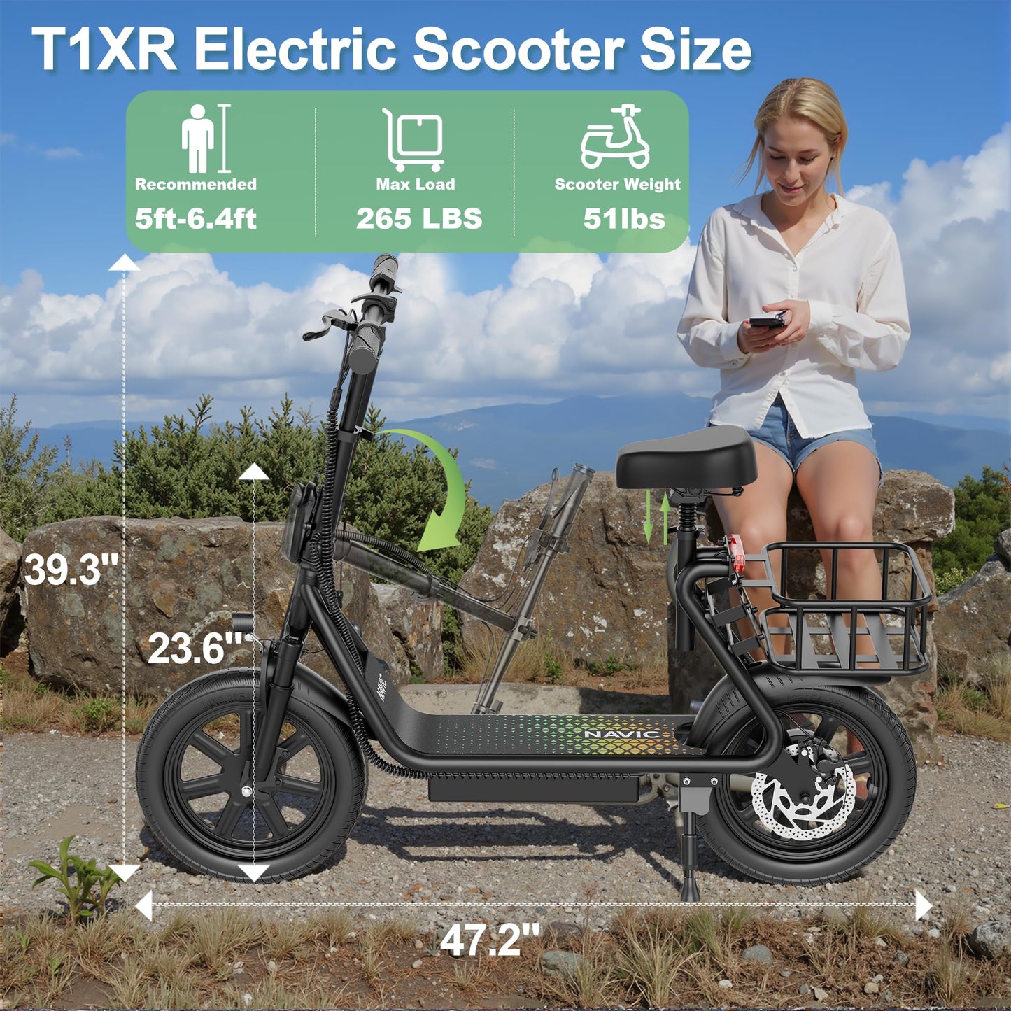 NAVIC Electric Scooter Adults,27Mile Range,Top Speed 22Mph,750W Peak Motor,14'' Pneumatic Tires,Electric Scooter for Adults,Foldable e Scooter with Back Basket